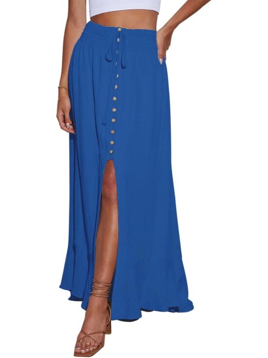 Dresses & Skirts - Women's Blue Tie Elastic Button Down Loose Flowy Swing Slit Front Maxi Skirt